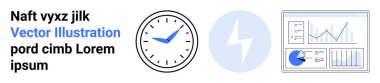 Round clock, blue lightning bolt, and analytics chart with graphs, pie chart, and bars. Ideal for time management, energy, productivity, efficiency analytics planning simple landing page