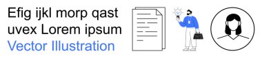 İş stratejisi, profesyonel profiller, yaratıcı fikirler, kurumsal kimlik, belgeler, takım çalışması. Elinde bir ampul, bir belge simgesi ve bir kadın profil sembolü tutan bir kişi. İş stratejisi