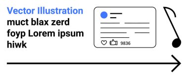 Sosyal medya tasarımı, dijital içerik, müzik akışı, çevrimiçi etkileşim, kullanıcı bağlılığı, analitik. Metin, müzik sembolü ve oklu bir yazı düzeni. Sosyal medya tasarımı ve dijital içerik