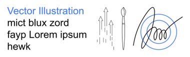 Yaratıcılık araçları, yenilik, tasarım planlaması, sanatsal ifade, fikir üretimi ve soyut kavramlar. Bir fırça, ok ve soyut çizgilerin minimalist çizimi. Yaratıcılık araçları