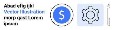Mavi para birimi simgesi, gri dişli sembol ve finans, işletme, planlama, işlemler, girişimcilik, çevrimiçi içerik oluşturma ve takım çalışmasını temsil eden minimalist kalem. Basit bir iniş sayfası için ideal
