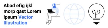 Uzaktan çalışma, çevrimiçi öğrenme, üretkenlik, yaratıcılık, küresel bağlantı, yenilik. Laptop, küre ve ampul ikonuyla oturan kişi. Uzak çalışma ve yaratıcılık