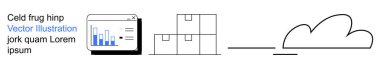 Veri yönetimi, bulut teknolojisi, analitik, lojistik, depo, nakliye. Bir bar çizelgesi, kutular ve bulut gösteren minimalist çizimler. Veri yönetimi ve bulut teknolojisi