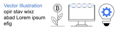 Kripto para birimi, fintech, engelleme zinciri, yenilik, dijital ekonomi, teknolojik gelişim. Bitcoin sembolü büyüyen bir bitkinin üzerinde, bilgisayar monitörü donanımı bir ampulün içinde. Kripto para birimi ve fintech