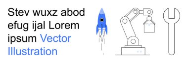 Yenilik, teknoloji araçları, otomasyon, uzay, endüstriyel işlemler, makine onarımı. Bir roket, robotik kol ve anahtar, yer tutucu metnin yanında. Yenilik ve otomasyon kavramı