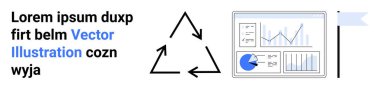Geri dönüşüm sembolü, grafik ve grafiklerle analitik gösterge paneli, yer tutucu metin ve bayrak simgesi. Sürdürülebilirlik, analiz, raporlar, iş büyümesi, ekolojik kavramlar, basit iniş şablonları için ideal