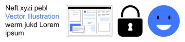 Siber güvenlik, veri koruması, çevrimiçi kimlik doğrulama, kullanıcı deneyimi, güvenli erişim, mahremiyet. Görsel bir kilit, web sayfası arayüzü ve mutlu yüz simgesi içeriyor. Siber güvenlik ve veri koruması