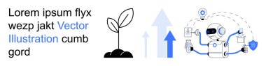 Sürdürülebilirlik, büyüme, yenilik, otomasyon, veri optimizasyonu, teknoloji. Grafikler ve sembollerle çevrili genç bir tohum ve bir robot. Bitki ve yapay zeka robotlarında büyüme ve yenilik