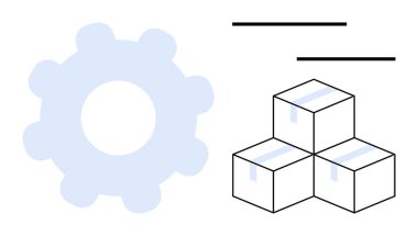 Yığılmış kutular, lojistik, tedarik zinciri, takım çalışması, otomasyon, üretim, üretkenlik ve dağıtımı sembolize eden dişli mekanizması dışında. İş akışı kavramları için ideal basit düz metafor