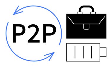 Dijital işlemler, enerji paylaşımı, işbirliği, güç transferi, iş ağları, eş-eş sistemleri. Mavi oklu P2P, evrak çantası ve pil ikonu. Dijital işlemler ve enerji