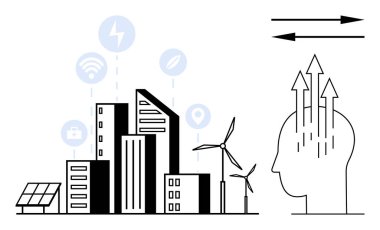 Akıllı şehir konsepti. Akıllı şehir entegrasyon teknolojisi, yenilenebilir enerji ve sürdürülebilirliği geliştirmek için yenilik. Şehir planlama, akıllı teknoloji ve gelecekteki altyapı için akıllı şehir çözümleri