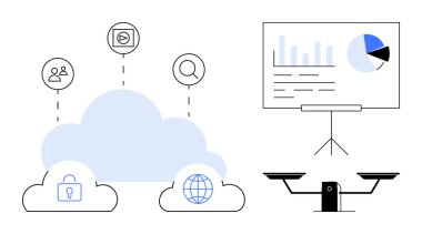 Teknoloji yeniliği, bulut depolama, veri yönetimi, güvenlik, analitik, denge. Veri bağlantısı için bulut sembolleri, güvenlik için kilitler ve analiz için çizelgeler. Teknoloji ve veri kavramları