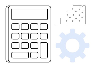 Sorun çözme konsepti. Hesap makinesi, bulmaca parçaları ve hesaplama, analiz ve optimizasyon için vites sembolü ile problem çözme. İş, eğitim ve operasyonlar için kullanışlı. Matematik