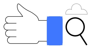 Mavi manşetli, büyüteç ve en az bulut çizgisi olan baş parmak kaldırma hareketi. Pozitiflik, onay, arama, keşif, geri bildirim, analiz, takım çalışması için ideal. Basit düz metafor