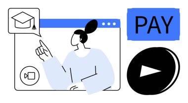 Çevrimiçi eğitim, e-öğrenme platformları, sanal sınıflar, ödeme sistemleri, dijital eğitim araçları. Eğitim ve ödeme simgeleriyle bilgisayar ekranını gösteren bir kadın. Çevrimiçi