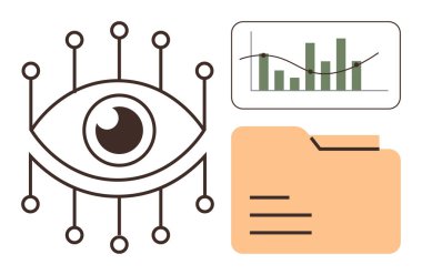 Veri güvenliği, analitik, bilgi sistemleri, görselleştirme, depolama, siber güvenlik. Göz sembolü düğümlere, bar tablosuna ve dosya klasörüne bağlandı. Veri güvenliği ve analitik kavramı