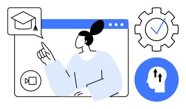 Çevrimiçi eğitim kavramı. Çevrimiçi eğitim sanal araçlarla uzaktan öğrenmeyi ve bağlantıları mümkün kılar. Çevrimiçi eğitim bilgi, gelişme ve dijital öğrenmeyi teşvik eder. E-öğrenim için