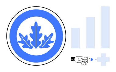 İlerleme konsepti. Mavi meşe yaprağı ve büyüme grafiğiyle gelişen ilerleme yenilikleri gösteren bir el ile. Sürdürülebilirlik, strateji, iş büyümesi, teknoloji