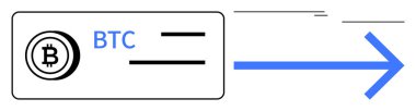 Sağa bakan mavi oka bağlı dijital bir kartta BTC metni olan bitcoin sembolü. Kripto para birimi, engelleme zinciri, çevrimiçi ödeme, dijital transfer, fintech, e-ticaret, yatırım için ideal