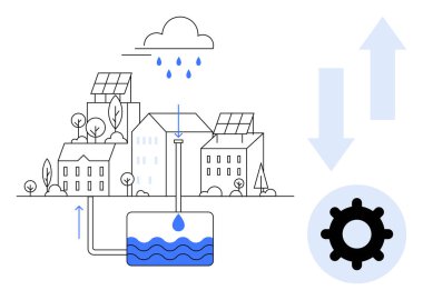 Yağmur suyu hasadı. Yağmur suyu koleksiyonu modern bir şehirde yenilenebilir enerji çözümleriyle bütünleşti. Rainwater çevre dostu yaşam ve kaynak yönetimini destekler. Sürdürülebilirlik ve su için