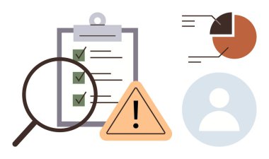 Risk yönetimi, iş planlaması, veri analizi, denetleme, kalite kontrol, kullanıcı kimliği. Keneli kontrol listesi, uyarı sembolü büyütme cam pasta grafiği kullanıcı simgesi. Risk yönetimi