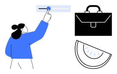 Teknoloji, verimlilik, iş aletleri, işyeri kurulumu, minimalizm, kullanıcı arayüzü. Bir kadın yakınlarda bir evrak çantası ve karpuz dilimi ile bir dekor ikonu ayarlıyor. Teknoloji ve verimlilik