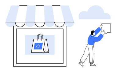 Sürdürülebilir alışveriş. Geri dönüşümlü çantalı bir vitrin ve e-ticaretle dijital olarak etkileşime geçen bir insan. Sürdürülebilir alışveriş çevre dostu uygulamaları ve bilinçli tüketiciliği teşvik eder. Mükemmel.