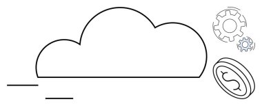 Dijital ekonomi, bulut depolama, teknoloji entegrasyonu, finansal hizmetler, çevrimiçi platformlar, veri işleme. Minimalist bir bulut, vites ve bozuk para çiziyor. Dijital ekonomi ve bulut deposu