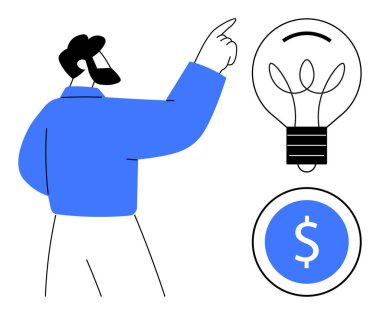 Girişimcilik, finansal planlama, yaratıcılık, yenilik, yatırım, başarı. Resimli adam ampulü ve dolar ikonunu işaret ediyor. Girişimcilik ve finansal planlama kavramsal