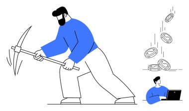 Kripto para birimi, engelleme teknolojisi, sanal para birimi, dijital ekonomi, fintech, yatırım. Kazmalı madencilik yapan bir adam ve bozuk para gibi dizüstü bilgisayar kullanan bir adam. Kripto para birimi ve engelleme zinciri