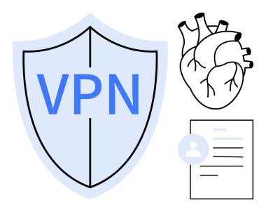 Veri güvenliği, sağlık gizliliği, çevrimiçi güvenlik, kimlik koruması, siber güvenlik, kişisel veriler. VPN metin kalkanı, insan kalbi kullanıcı belgesi simgesi. Veri güvenliği ve sağlık gizliliği