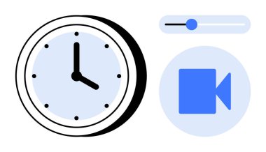 Zaman yönetimi, medya kontrolü, verimlilik araçları, zamanlama, dijital medya, video düzenleme. Saat, video kamera ikonu ve kaydırma kontrolü. Zaman yönetimi ve ortam denetimi kavramı
