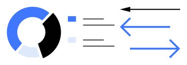 Veri akışı şeması. Pasta grafiği ve oklar kullanarak veri alışverişi, işlem yönetimi ve iş akışları. Veri akışı analitik, yazılım geliştirme, sistem tasarımı ve iş çözümlerini destekler