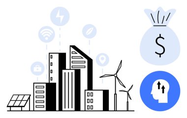 Akıllı şehir konsepti. Akıllı şehir, kentsel sürdürülebilirliği sağlayan yenilenebilir enerji ve bağlantıyı ön plana çıkarıyor. Teknoloji, enerji, finans, çevre ve planlamada akıllı şehir yeniliği