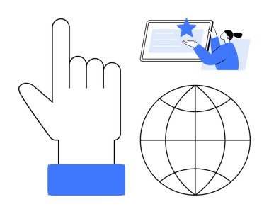 Çevrimiçi eğitim, küresel iletişim, etkileşimli öğrenme, kullanıcı sıralaması, kullanıcı arayüzü, dijital dönüşüm. Bir el işareti, tabletli ve küresel sembollü bir kullanıcı. Çevrim içi öğrenim