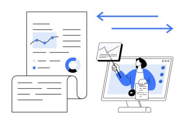 Veri analiz konsepti. Profesyonelleri grafiklere, raporlara ve iletişim elemanlarına bağlayan veri güdümlü araçlar. Bilgi, öğrenme, iş ve işbirliğini destekleyen veri analizi