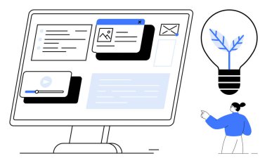 Web tasarımı, yaratıcılık, yenilik, arayüz etkileşimi, fikir üretimi, ilham. Ağ elementli bilgisayar ekranı, bir kişi işaret ediyor ve bir ampul yukarı doğru hareket ediyor. Web