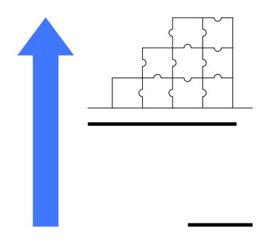 Büyüme konsepti. Mavi ok üst üste yığılmış bulmaca parçalarını işaret ediyor problem çözme ve ilerleme. Takım çalışmasında, stratejide ve analitikte büyüme. Liderlik, iş, pazarlama fikirleri için
