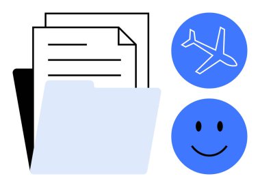 Seyahat planı. Bir uçak simgesiyle eşleştirilmiş belgeler ve bir klasör seyahat organizasyonunu basitleştirir. Seyahat konsepti seyahatler için görevleri optimize ediyor. Turizm, lojistik, iş ve finans için kullanışlı