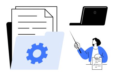 Belgeler, vites simgesi, dizüstü bilgisayar, işaret ve belge sunan kişi. Takım çalışması, eğitim, verimlilik, ofis iş akışı, planlama dosya organizasyonu için ideal dijital