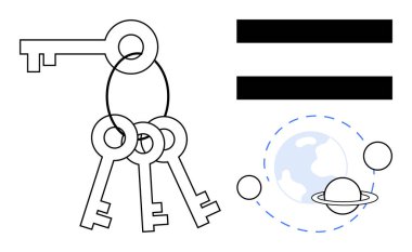 Three keys on a keyring alongside an equality sign and planetary orbit with Earth and Saturn. Ideal for security, equality, balance, exploration, science, astronomy, and metaphorical concepts thumbs
