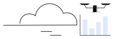 Bulut bilgisayarı, veri güvenliği, analiz, gözetleme, modern teknoloji, dijital dönüşüm. Bir bulut diyagramı, uçan bir kuadkopter ve dikey çubuklu veri tablosu. Bulut hesaplama ve veri