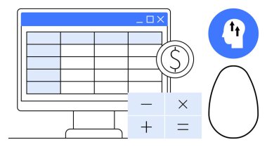 Finansal veri yönetimi. Hesap tablosu, hesap makinesi ve büyüme ikonu finansal planlama ve bütçe düzenlemesi. Veri analizi, muhasebe ve raporlama için gerekli finansal araçlar. Finans için kullanışlı