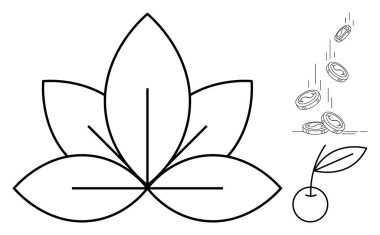 Sağlık, büyüme, finansal refah, yatırım, doğa, farkındalık. Nilüfer sembolü, kiraz çiçeği ve bozuk paraların düşüşü. Finansal refahla bağlantılı refah ve büyüme