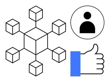 Engelleme teknolojisi. Birbirine bağlı düğümler, kullanıcı profili ve dijital güven için başparmak işareti içeren blok zinciri. Kimlik, ağ ve çevrimiçi etkileşimde engelleme uygulamaları. Dijital