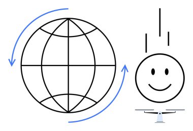 Küresel bağlantı kavramı. Bir küre dünya çapındaki iletişimi ve bağlantıyı simgeler. Mutlu yüz, oklar ve denge unsurları küresel etkileşimlerde uyum içinde. İş, eğitim, teknoloji
