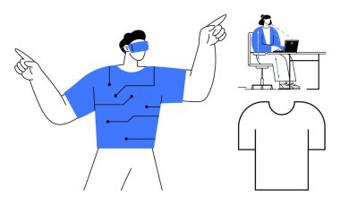 Sanal gerçeklik kavramı. Sanal gerçeklik, VR kulaklık takan ve teknolojiyle etkileşimde olan bir adam aracılığıyla gerçekleşiyor. Sanal gerçeklik ve uzak çalışma anlayışı teknoloji, tasarım, oyun, eğitim, yenilik