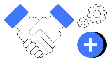 İş birliği. Tokalaşma ikonu takım çalışması ve ortaklığı. Vites simgeleri ve artı simgesi gelişim ve büyüme sürecini gösteriyor. Takım oluşturma, ortaklık, strateji, üretkenlik, iş