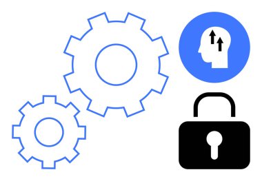 Problem çözme konsepti. Birbirine bağlı dişliler, oklarla yenilik yapan bir kafa ve kilit güvenliğiyle ilgili problemler. İş için ideal, eğitim, süreç optimizasyonu, yaratıcılık