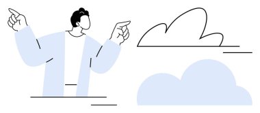 Bulut hesaplama, dijital bağlantı, yenilik, gelecek teknolojisi, soyut sanat, veri depolama. Bir insan soyut bulut şekillerini işaret eder. Bulut hesaplama ve dijital bağlantı